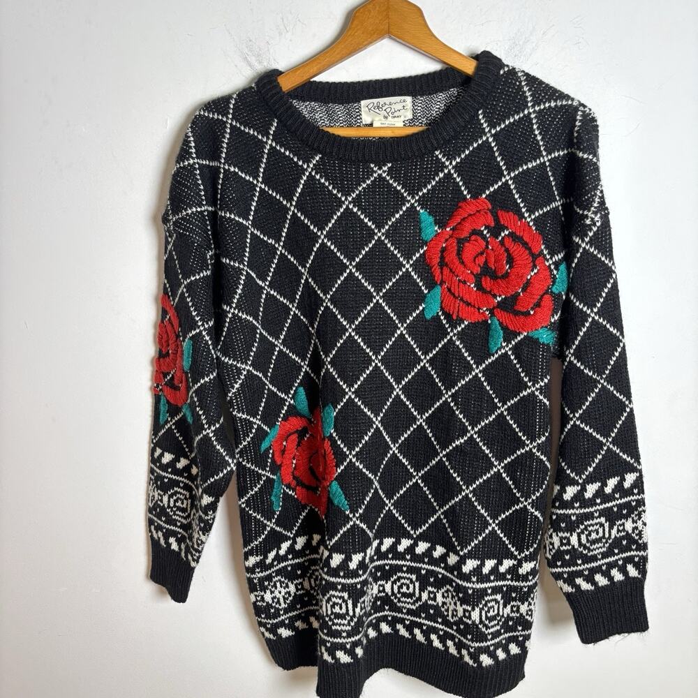 Vintage 80s Reference Point Embroidered Rose Sweater Black Size Large